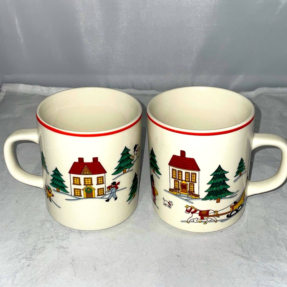 Vintage Jamestown China "Joy of Christmas"  Mug set of 2  Winter Trees Sleigh